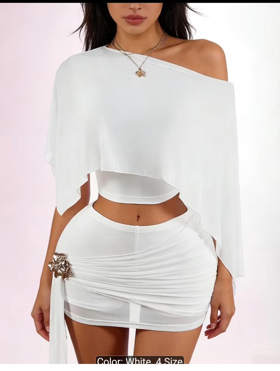 Ivory off-shoulder cape top with ruched mini skirt